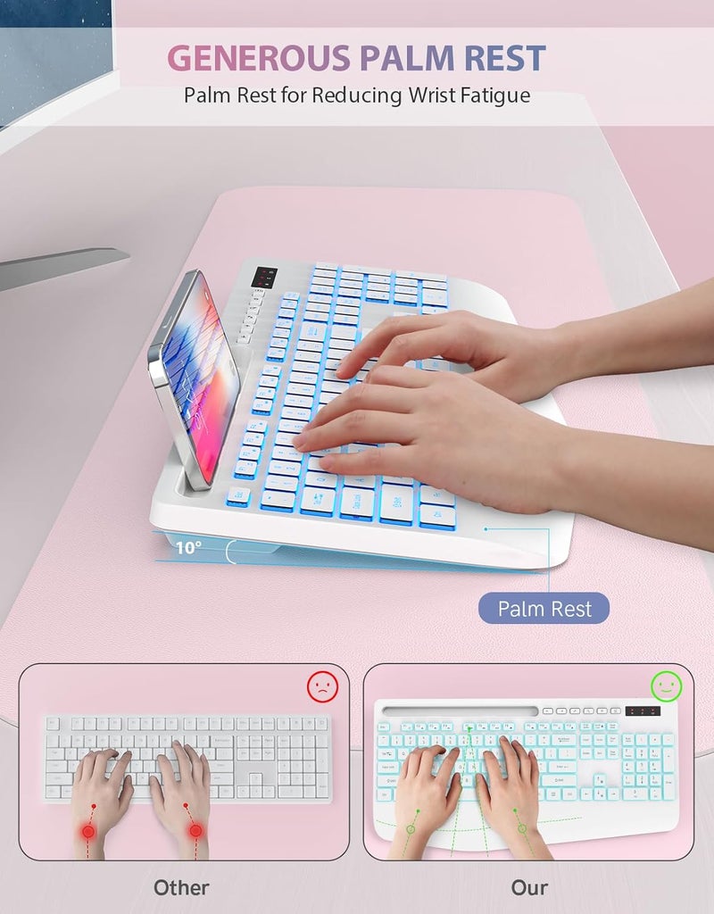 Trueque Wireless Keyboard with 7 Colored Backlits, Phone Holder, Wrist Rest, Rechargeable Ergonomic Keyboard with Silent Light Up Keys, Cordless Computer Keyboard for Windows, Mac, Laptop - (White) - Image 3